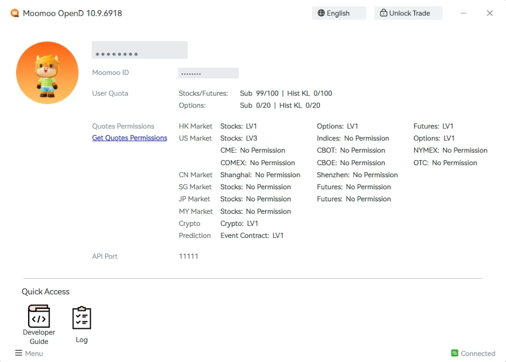 moomoo OpenD showing API port 11111, quote permissions and the subscription quota