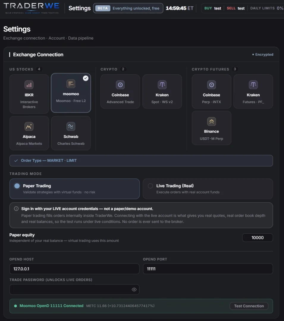 TraderWe settings with moomoo selected, OpenD host and port filled in, and a connected status line